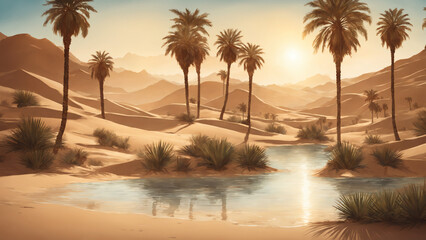 Desert Oasis Palm Trees Water Plants Dunes Sunrise Sunset Environment