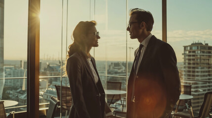 Corporate Business Meeting with Two Professionals in Modern Office, Discussing Documents, Positive Interaction, Dressed Formally, Man Wearing Glasses, Woman Smiling, Interior View, Large Windows