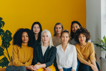 Diverse women group in a yellow workspace background. Generative AI