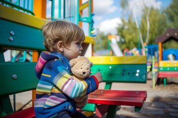 Fototapeta na wymiar child on a colorful playground bench, clutching a stuffed toy
