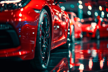 New red cars display in luxury showroom with light bokeh in motor show event - obrazy, fototapety, plakaty