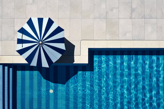 Poolside relaxation with striped umbrella and cool water Generative AI image