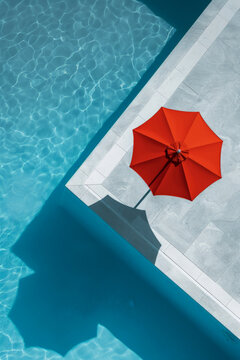 Red Umbrella by Blue Pool, Aerial Perspective Generative AI image