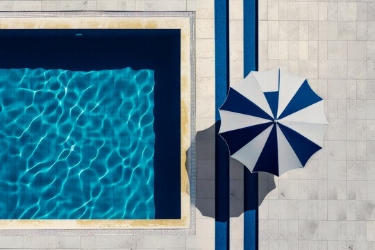 Aerial view of a pool and umbrella on sunny day Generative AI image