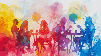 Vibrant Watercolor Illustration of Cheerful Group Discussion at a Table, Engaging Individuals in Lively Interaction, Typical Semi-Abstract Style, Expressive Character Postures and Expressions, Dynamic - obrazy, fototapety, plakaty