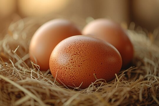 Close-up photography of tan eggs in straw nest on poultry farm.