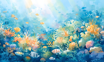 Obraz na płótnie Canvas watercolour painting of the underwater ocean reef landscape, Generative AI