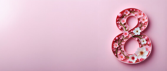 Spring flowers visible through cut pink paper in shape of figure 8. Banner for Women's Day