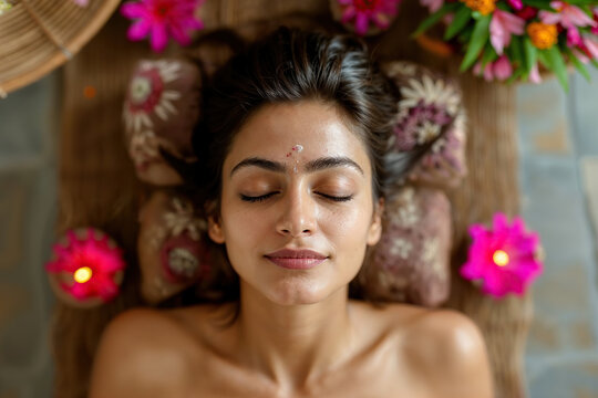 Beautiful young Indian woman having relaxing facial massage in spa salon Generative AI