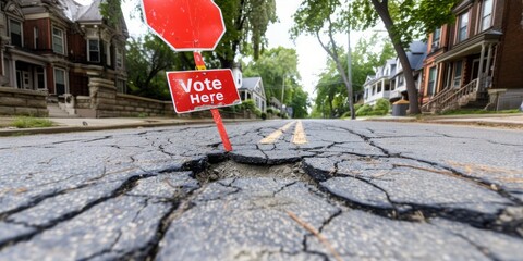 Cracked and worn pavement leads to a red 'Vote Here' sign, symbolizing the civic journey amid societal challenges - obrazy, fototapety, plakaty