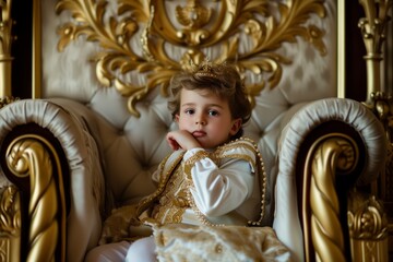 child in princely attire shyly sitting on an oversized royal throne - obrazy, fototapety, plakaty