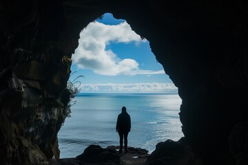 person silhouetted against ocean view from cave entrance