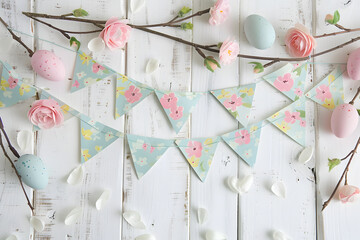 Fun easter composition with eggs and flowers on pastel background, ribbons, floral patterns