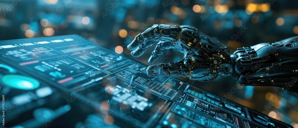 Poster a futuristic robotic arm, epitomizing the pinnacle of cyber innovation, operates within the realms o