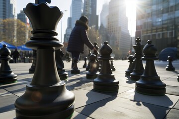 person playing chess with oversized pieces in a city square
