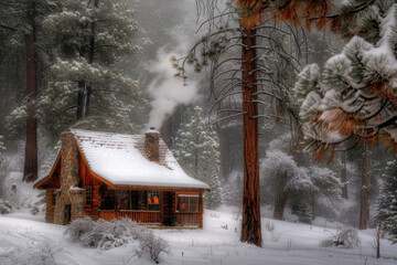 A rustic cabin nestled in a snowy forest