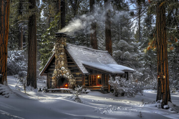 A rustic cabin nestled in a snowy forest