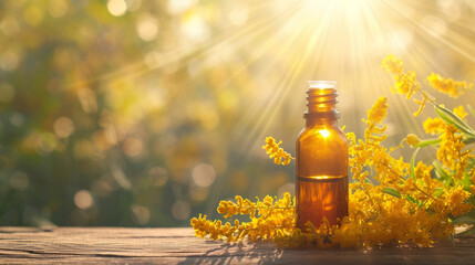 a jar with an extract of the essential oil of St. John's wort on a wooden background