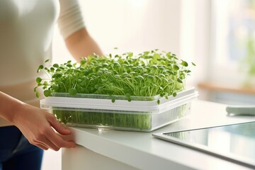 A plastic box with micro greens in the hands of a woman