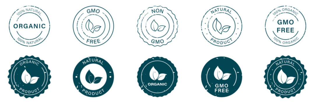 100 Percent Eco Natural Grunge Badge Set. Organic Bio Product Rubber Stamp. Non Gmo Emblem. Gmo Free Round Sticker Collection. Vegan Food Silhouette and Line Label. Isolated Vector Illustration