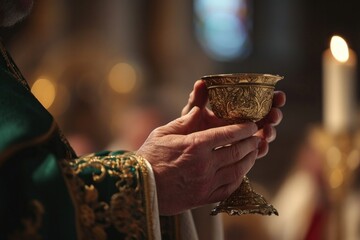 Close-up of hands holding a communion chalice Eucharist, with a religious Catholic vestment in the background, Generative AI - obrazy, fototapety, plakaty