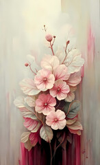 Vintage Abstract Botanical Painting In Soft Muted Pink Shades.