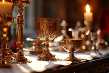 A collection of ceremonial chalices and other religious items on an altar for Catholic communion, Generative AI