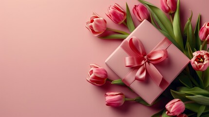 An elegant pink gift box with ribbon bow and tulips on a pastel pink background with copyspace for Mother's Day.