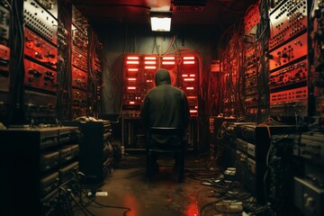 a person in a dark room controls computer devices for computing and information processing, video surveillance and hacking