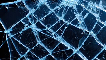 Broken blue glass with cracks, background, texture; abstract geometric backdrop on black