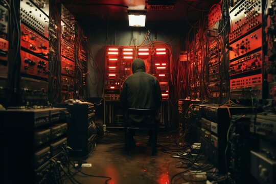 a person in a dark room controls computer devices for computing and information processing, video surveillance and hacking - Powered by Adobe
