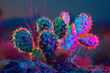 cactus, neon cactus, cyberpunk cactus, cactus in the desert, Vibrant desert cacti illuminated in a neon glow