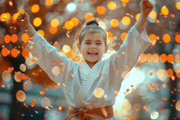 Young Asian little girl doing karate celebrating a victory - obrazy, fototapety, plakaty
