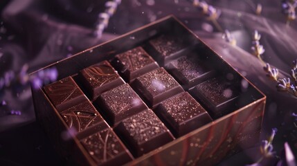 artisanal chocolates, their rich textures and intricate designs highlighted against the backdrop of a brown box and dark tones, inviting viewers to savor their exquisite taste
