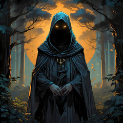 a cloaked figure with glowing eyes, standing sentinel in a moonlit forest filled with eerie silence
