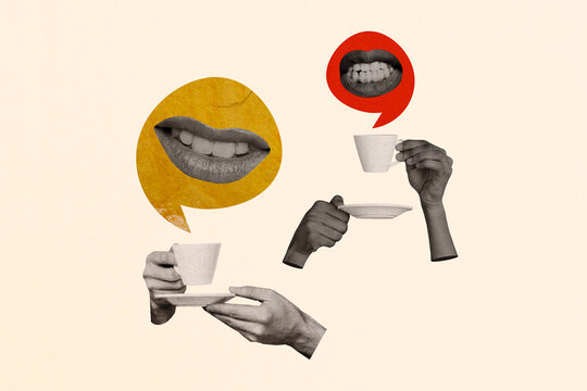 Creative drawing collage picture of mouth talk share news hands hold coffee cups gossips rumors speech bubble fantasy billboard comics zine
