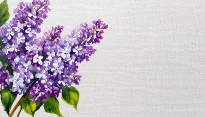 Fototapeta na wymiar Oil painting of a Lilac flower pure white background canvas, copyspace on a side