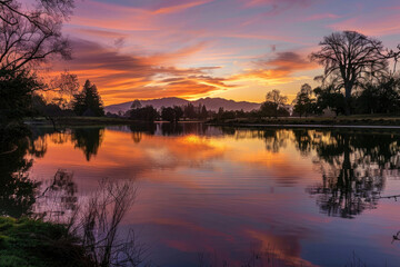 Naklejka na ściany i meble A mesmerizing sunset over a tranquil lake