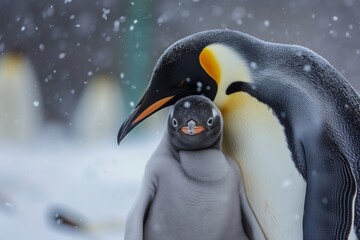 mother penguin sheltering baby penguin from snowfall - obrazy, fototapety, plakaty