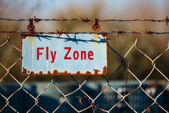 barbed wire fence with a sign that says: No, flight zone