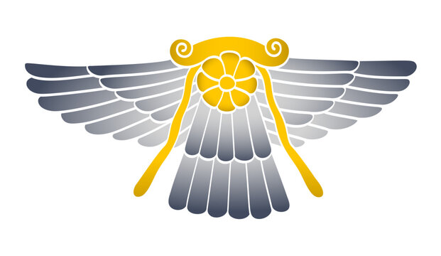 Winged solar disk of god Ashur, a sun emblem with wings. Symbol of Ashshur, the main god of Assyrian mythology in Mesopotamian religion, and the city god of the eponymous Mesopotamian city of Assur.