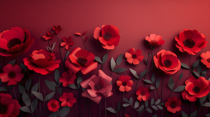 A picturesque arrangement featuring ruby red paper flowers against a rich burgundy background, allowing for tailored text or greeting card sentiments. Tailored for International Women's Day