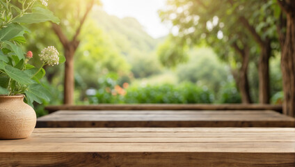 Empty wooden table for product display with Ashwagandha garden background