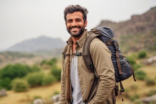 Portrait of a smiling young man with a backpack standing on a mountain trail.