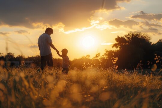 Family playing in a park at sunset. People enjoying themselves on the field. Concept of summer vacation and friendly family relationships.