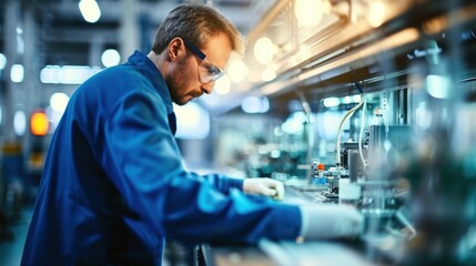 A male technician in a blue uniform inspecting machinery in a high-tech manufacturing facility, Generative AI