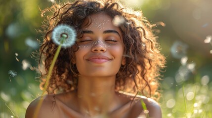 Healthy Smiling Girl on summer lawn. Allergy free concept. Gorgeous slim mixed race Caucasian woman sitting on green grass and blowing dandelion. Outdoors. Enjoy nature. - obrazy, fototapety, plakaty