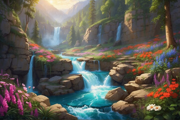 Painting of waterfall river in the forest with a flowers surrounding, detailed naturalism realistic style digital art, ai generated