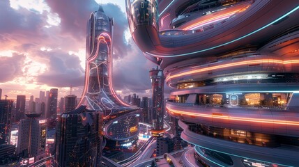 Futuristic skyscraper with dynamic lighting, curvilinear forms, and interactive facades, neon accents at twilight, bustling city life