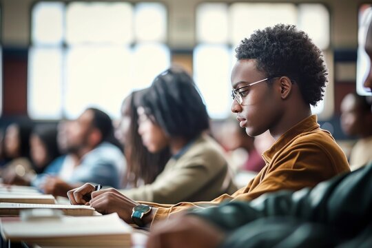 Diverse adult students in a classroom setting, focused on their studies, Generative AI